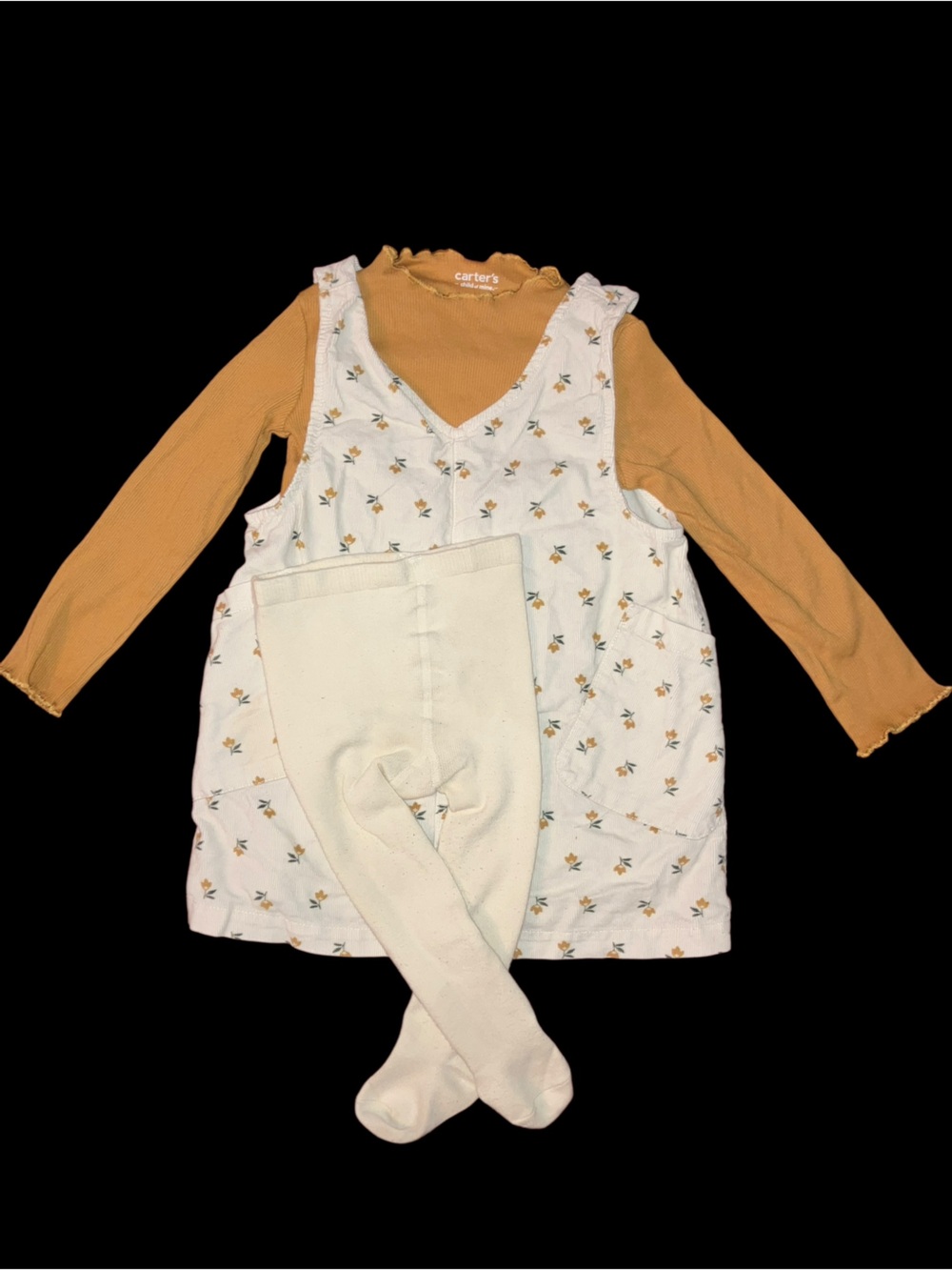 Carter's Mustard Long-Sleeve Top with Cream Floral Pinafore and Cream Tights